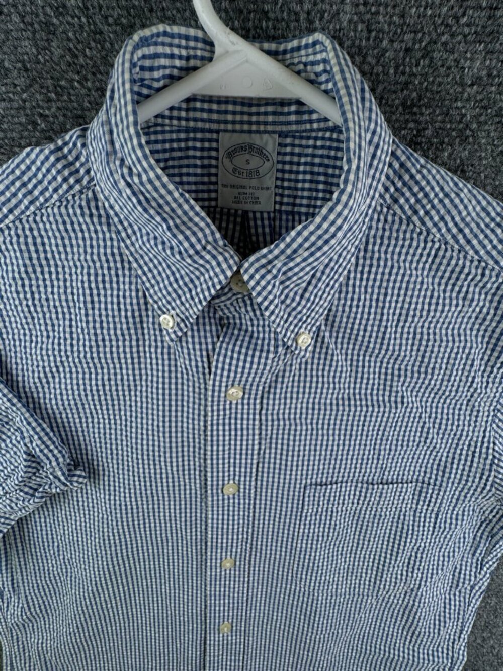 Brooks Brothers Short Sleeve Button Up Shirt Cotton Seersucker Small Blue Check